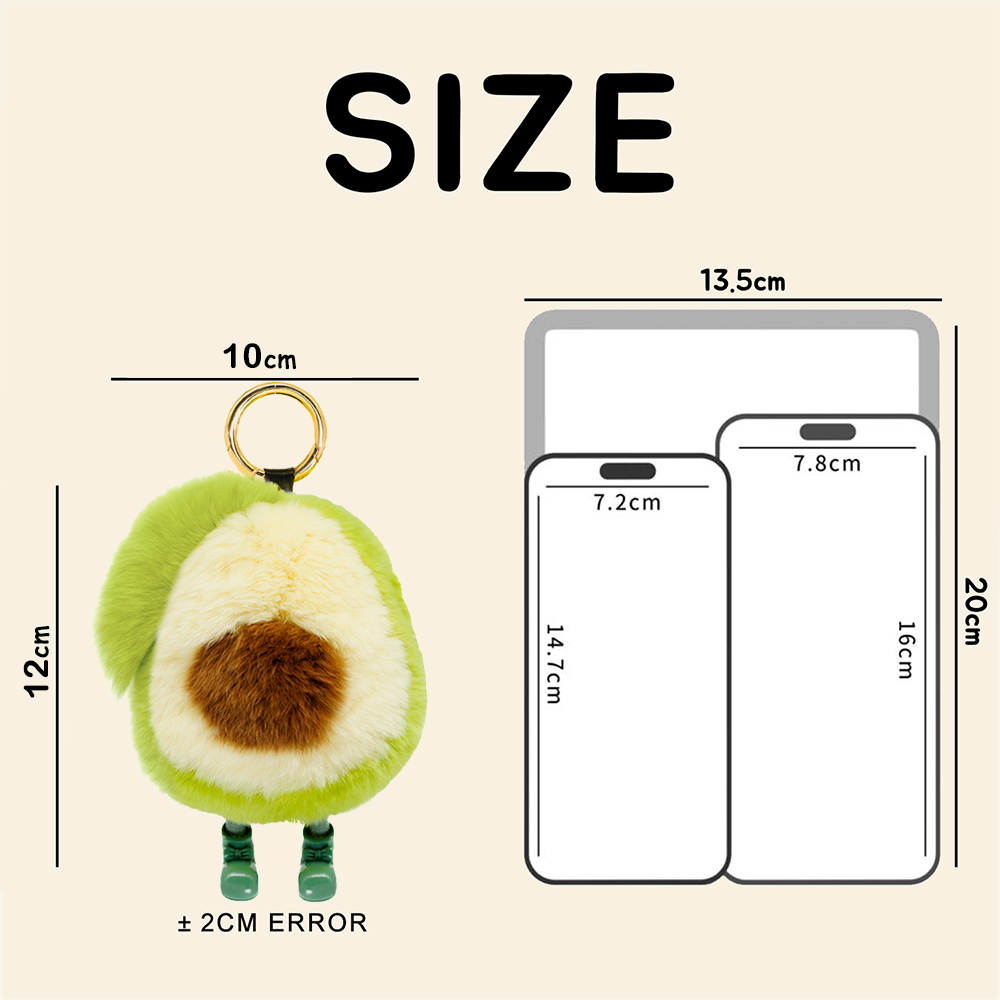 Avocado plush keychain clipped to a bag by BunnyLulu Original