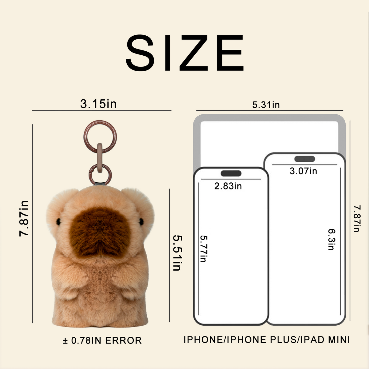 Handmade capybara plush keychain hanging on a bag strap