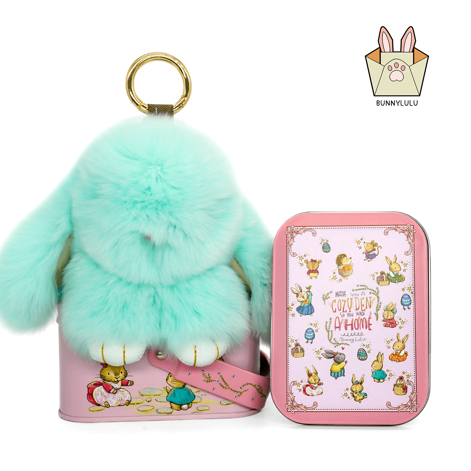 BunnyLulu Handmade Bunny Pompom Keychain with Designed Tin, Multi Colors - BunnyLulu