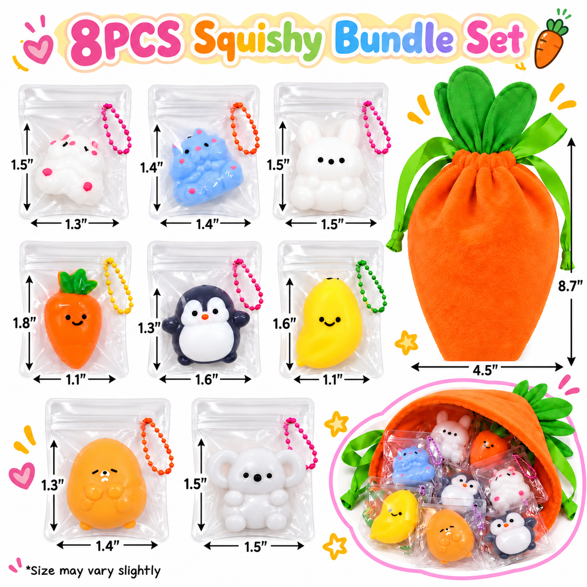 Toggi Lulu® 8 Pack Mini Taba Squishy Fidget Toy Set, with Clear PVC Pouches Colorful Bead Chains & Cute Carrot Drawstring Storage Bag, Cute Mini Animals with PVC Bag and
