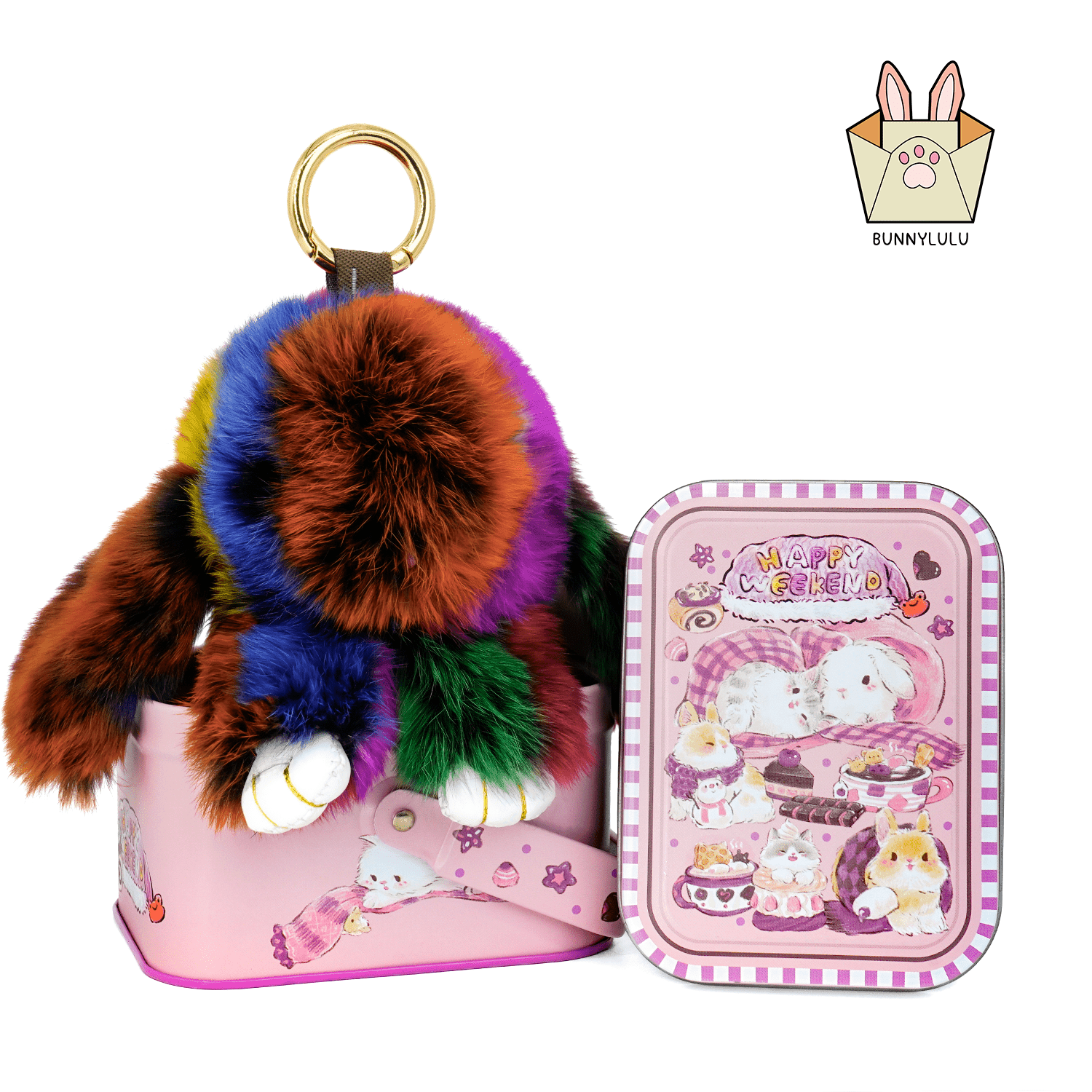 BunnyLulu Handmade Bunny Pompom Keychain with Designed Tin, Multi Colors - BunnyLulu