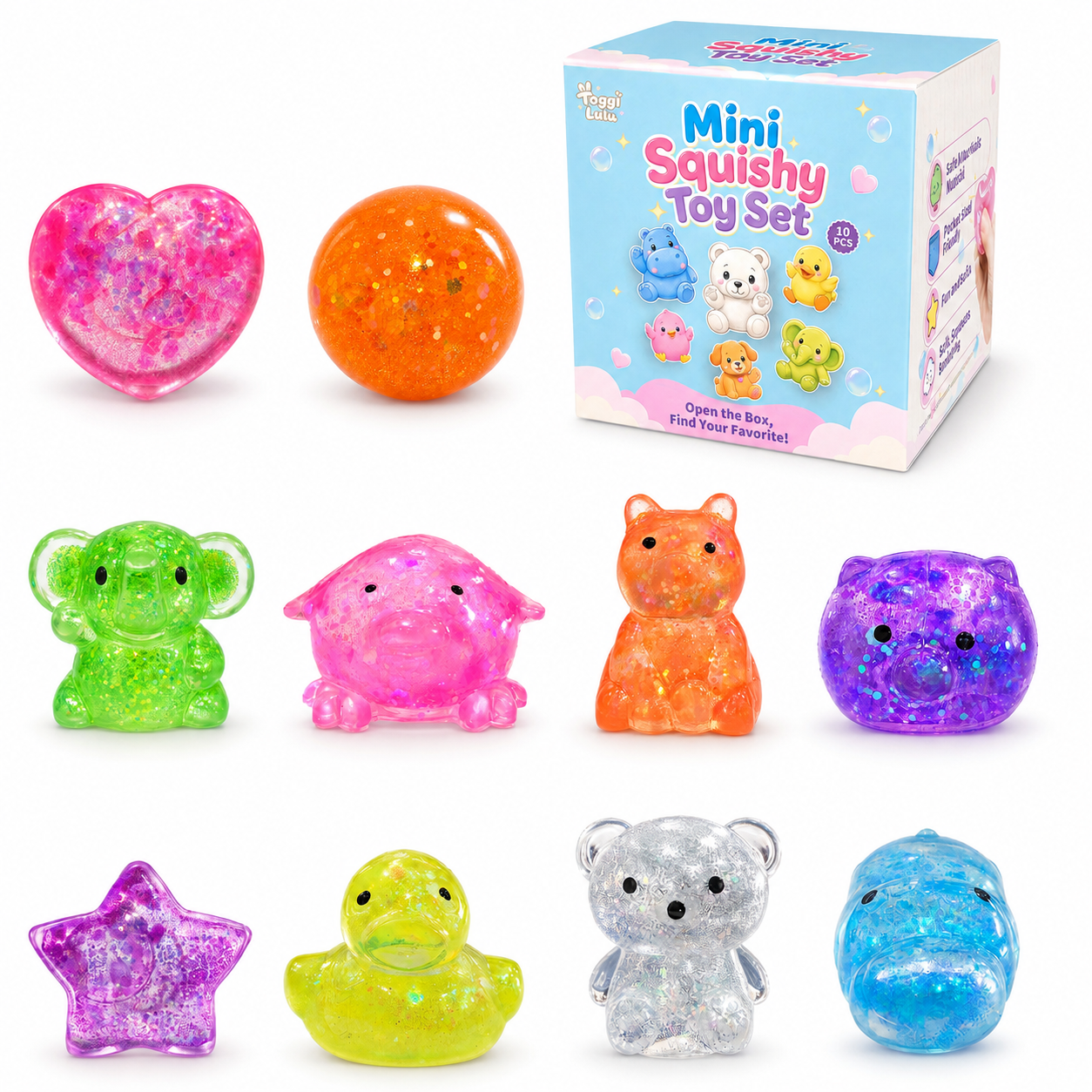 Toggilulu® 10 Pack Squishy Fidget Toy Set, Slow Rising Stress Ball with Glittlers For Kids & Adults