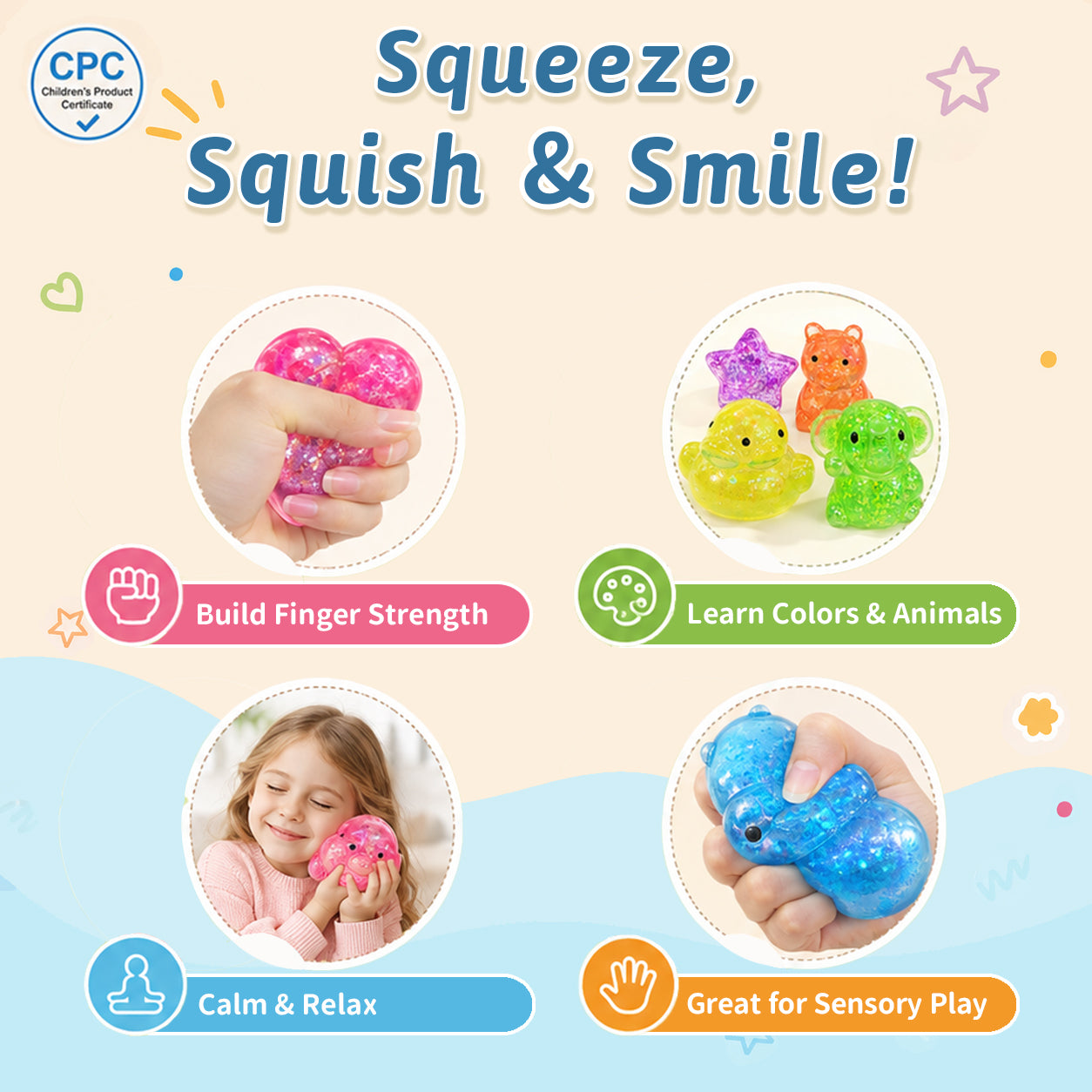 Toggilulu® 10 Pack Squishy Fidget Toy Set, Slow Rising Stress Ball with Glittlers For Kids & Adults