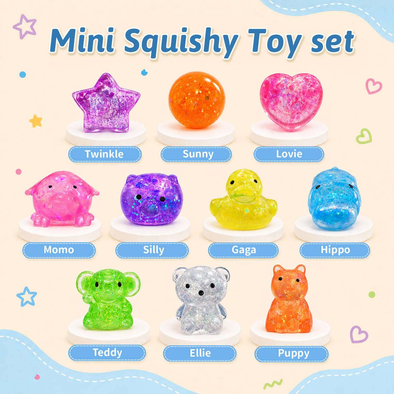 Toggilulu® 10 Pack Squishy Fidget Toy Set, Slow Rising Stress Ball with Glittlers For Kids & Adults