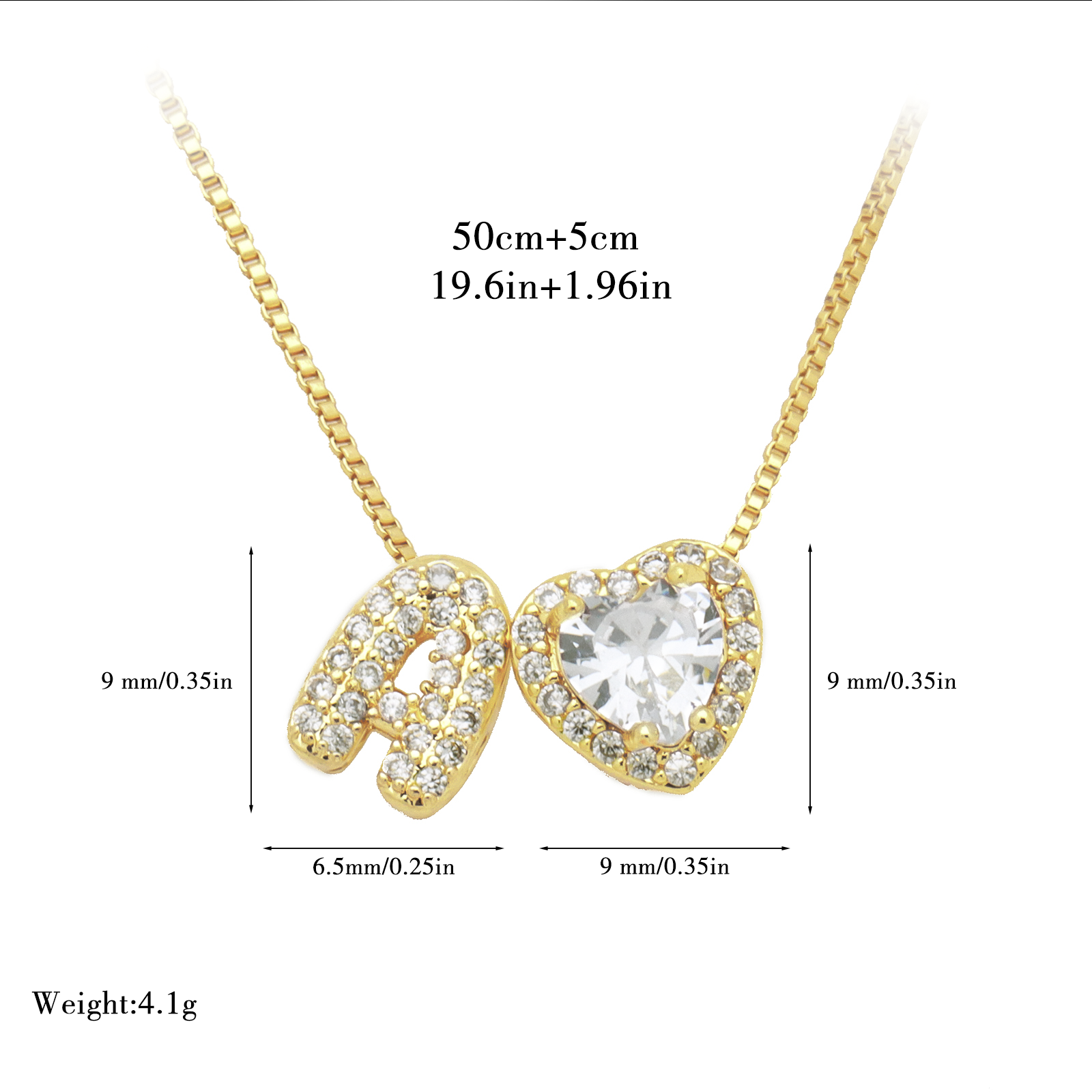 Initial Necklace with Zircon Heart, Dainty Gold A-Z Pendant