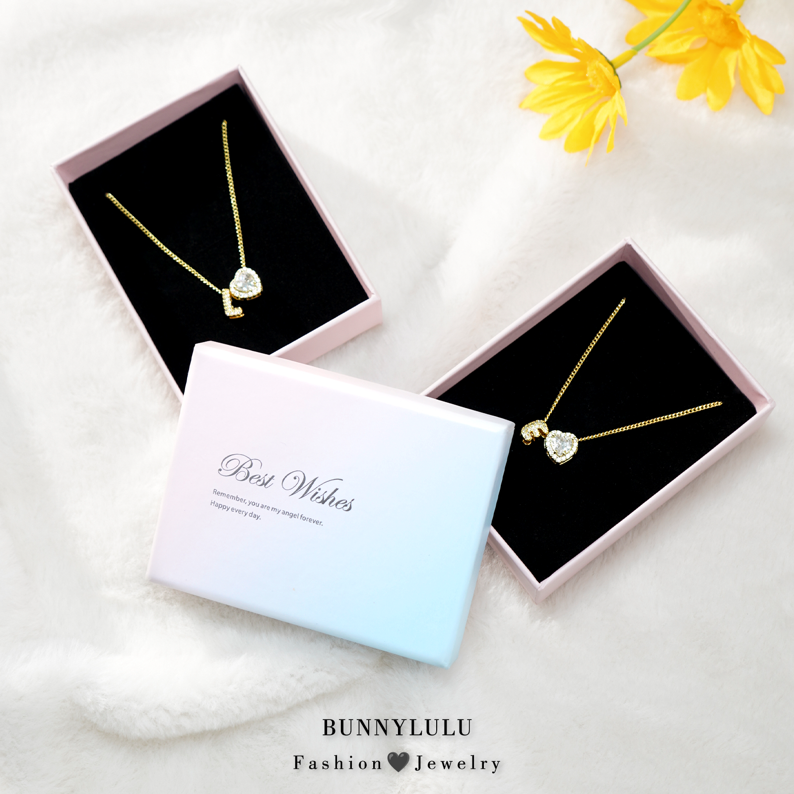 Initial Necklace with Zircon Heart, Dainty Gold A-Z Pendant