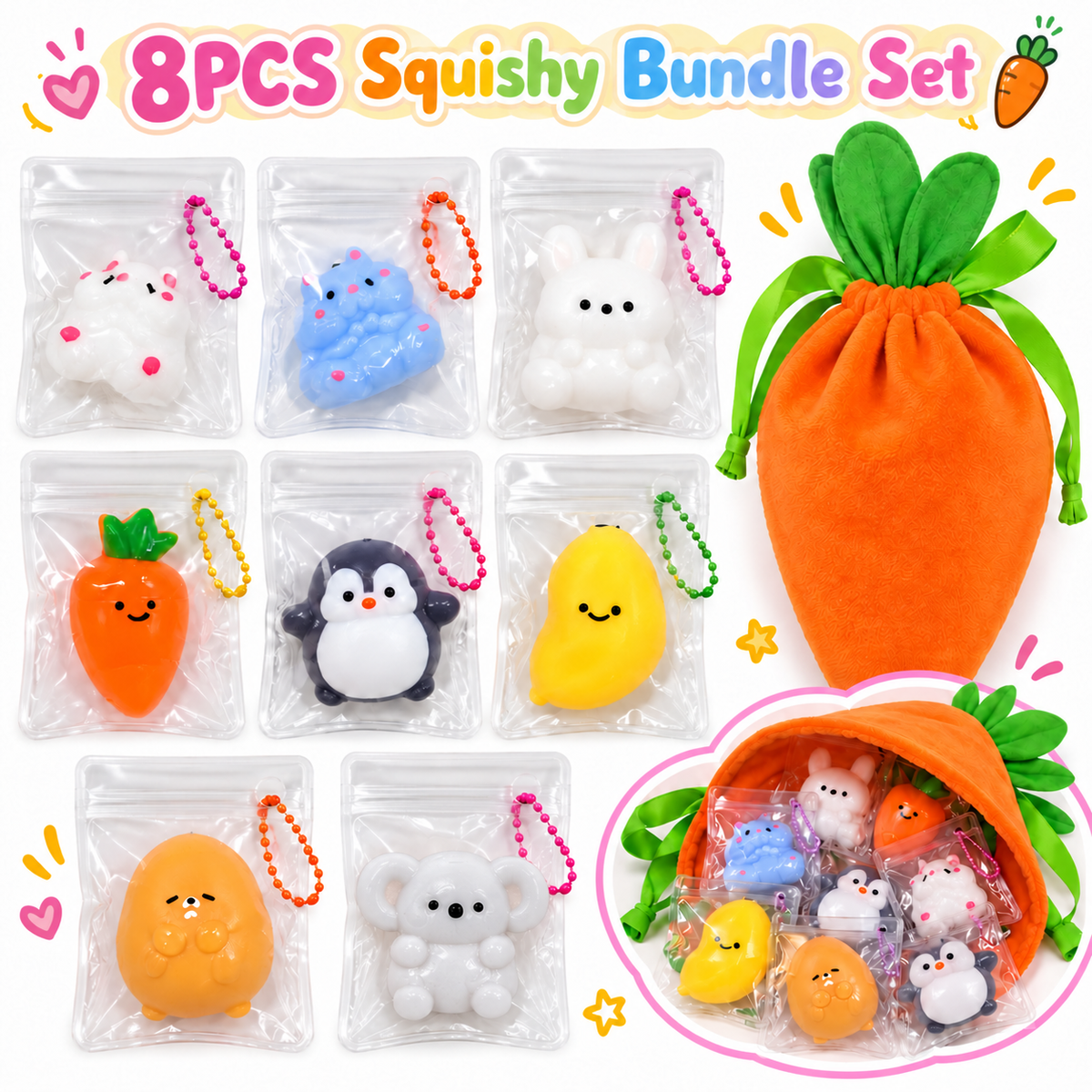 Toggi Lulu® 8 Pack Mini Taba Squishy Fidget Toy Set, with Clear PVC Pouches Colorful Bead Chains & Cute Carrot Drawstring Storage Bag, Cute Mini Animals with PVC Bag and