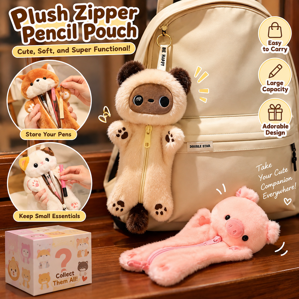 Bunnylulu Original Fluffy Cute Animal Plush Zipper Pouch – Pencil Case & Bag Charm Keychain