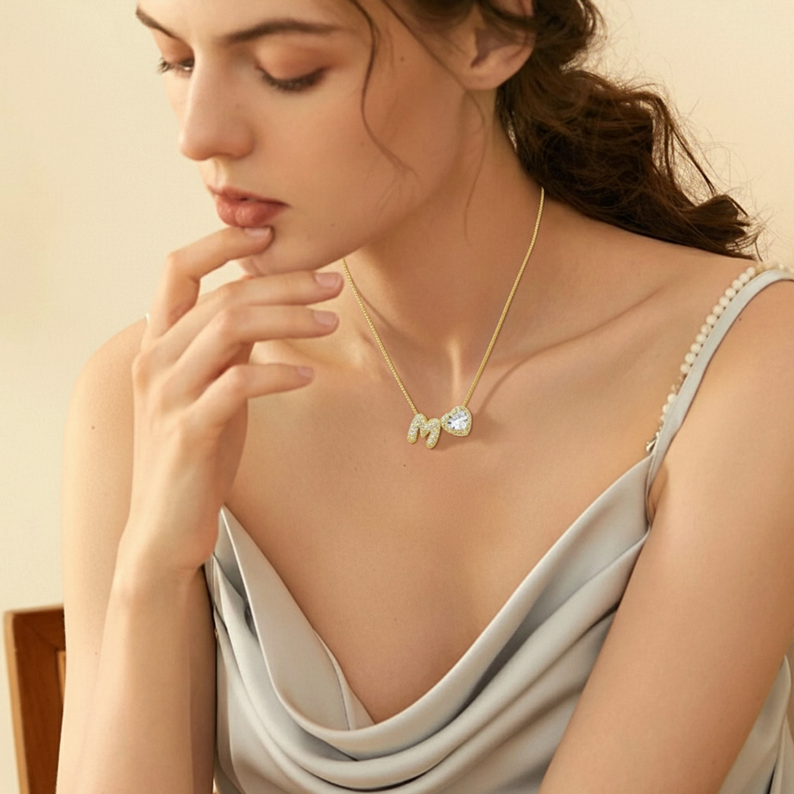 Initial Necklace with Zircon Heart, Dainty Gold A-Z Pendant