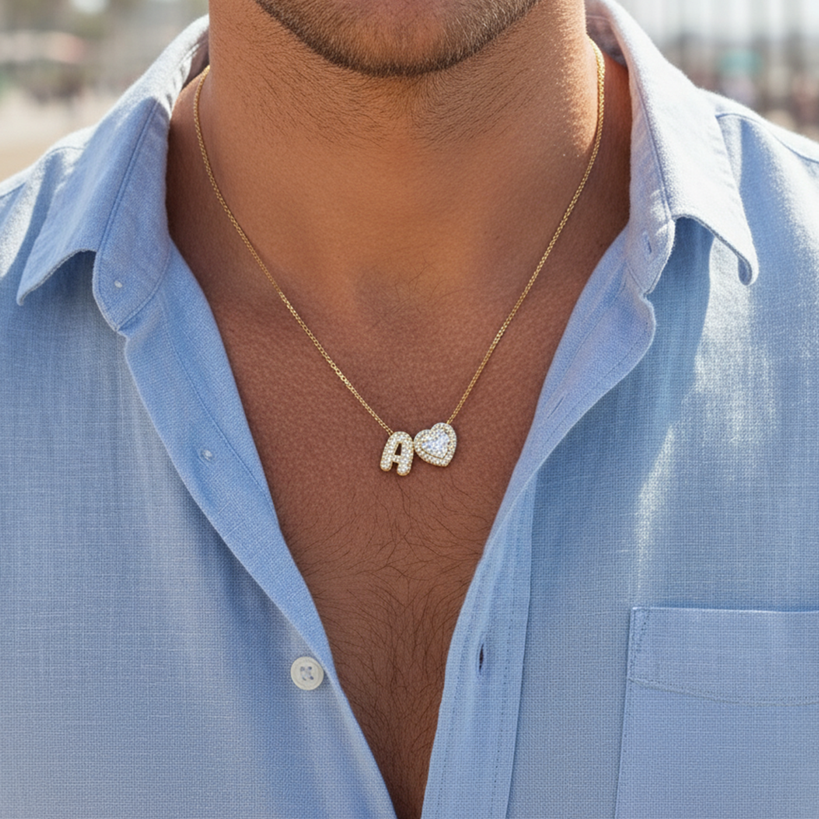 Initial Necklace with Zircon Heart, Dainty Gold A-Z Pendant