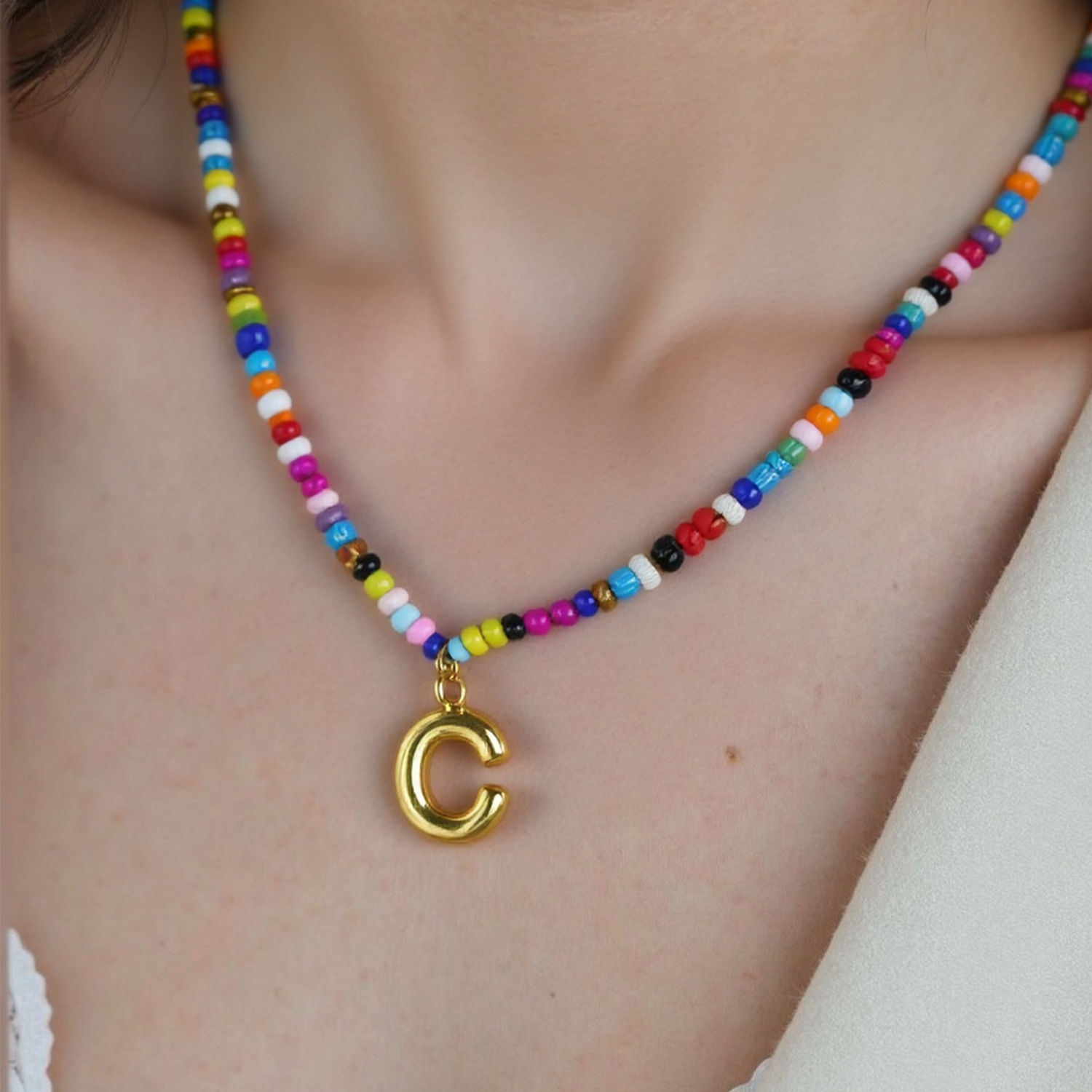 Handmade Boho A-Z Letter Necklace – Colorful Beads, Beach Style