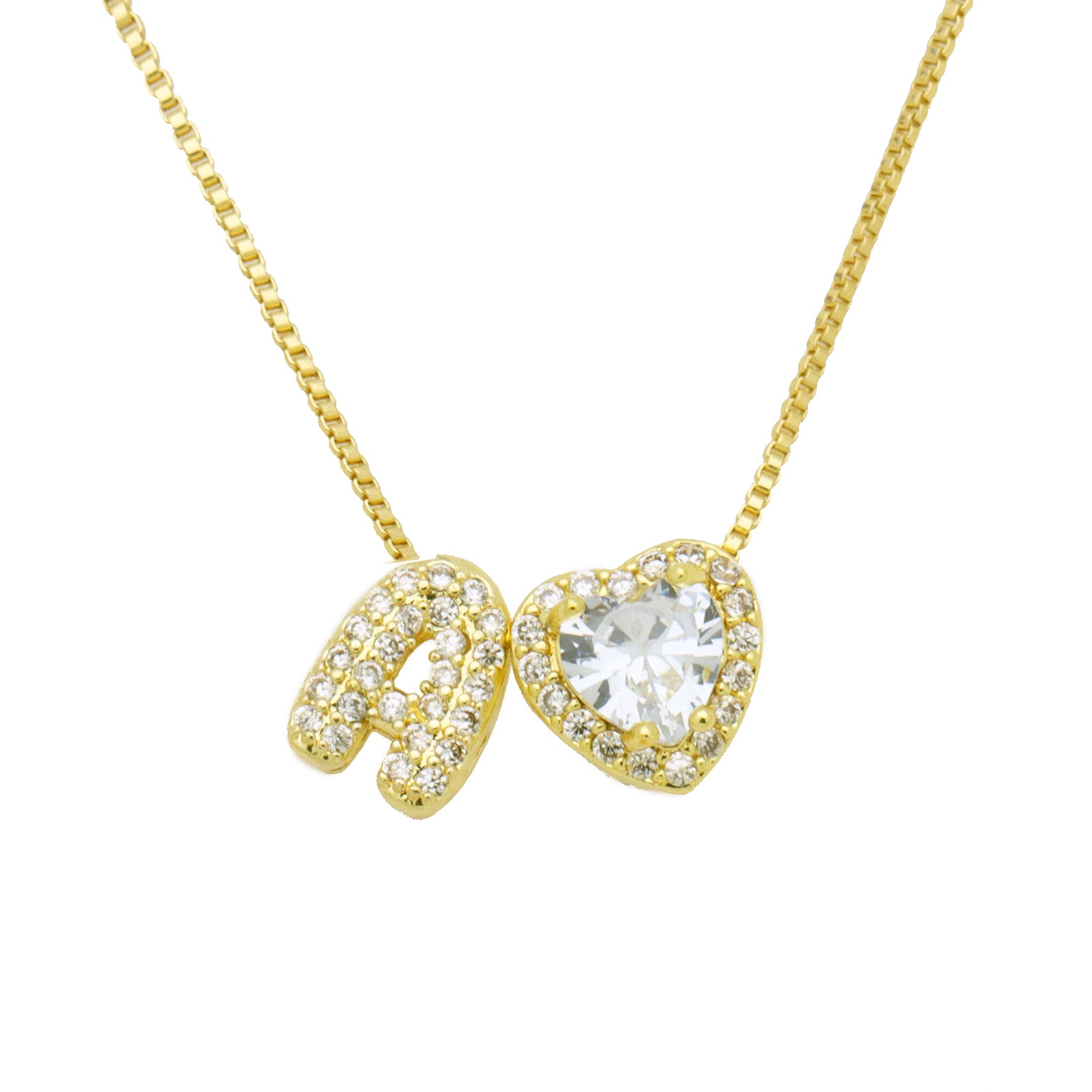Initial Necklace with Zircon Heart, Dainty Gold A-Z Pendant