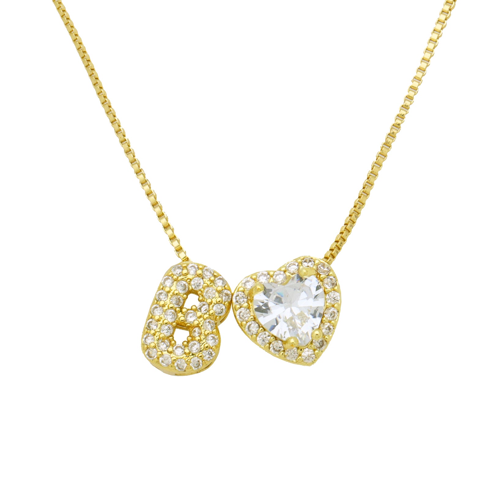 Initial Necklace with Zircon Heart, Dainty Gold A-Z Pendant