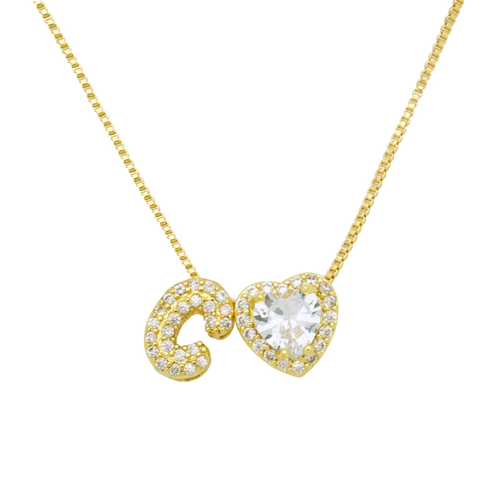 Initial Necklace with Zircon Heart, Dainty Gold A-Z Pendant