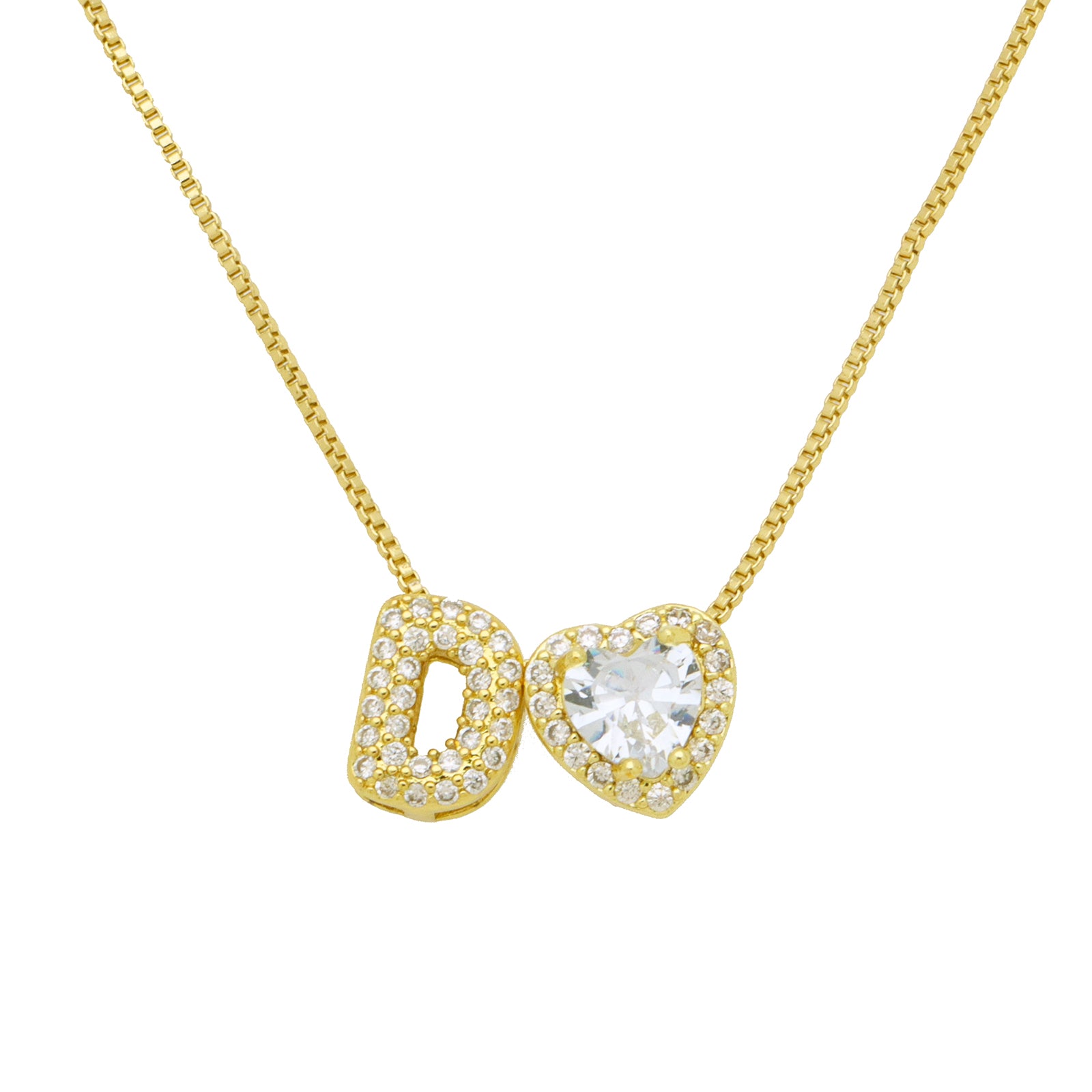 Initial Necklace with Zircon Heart, Dainty Gold A-Z Pendant