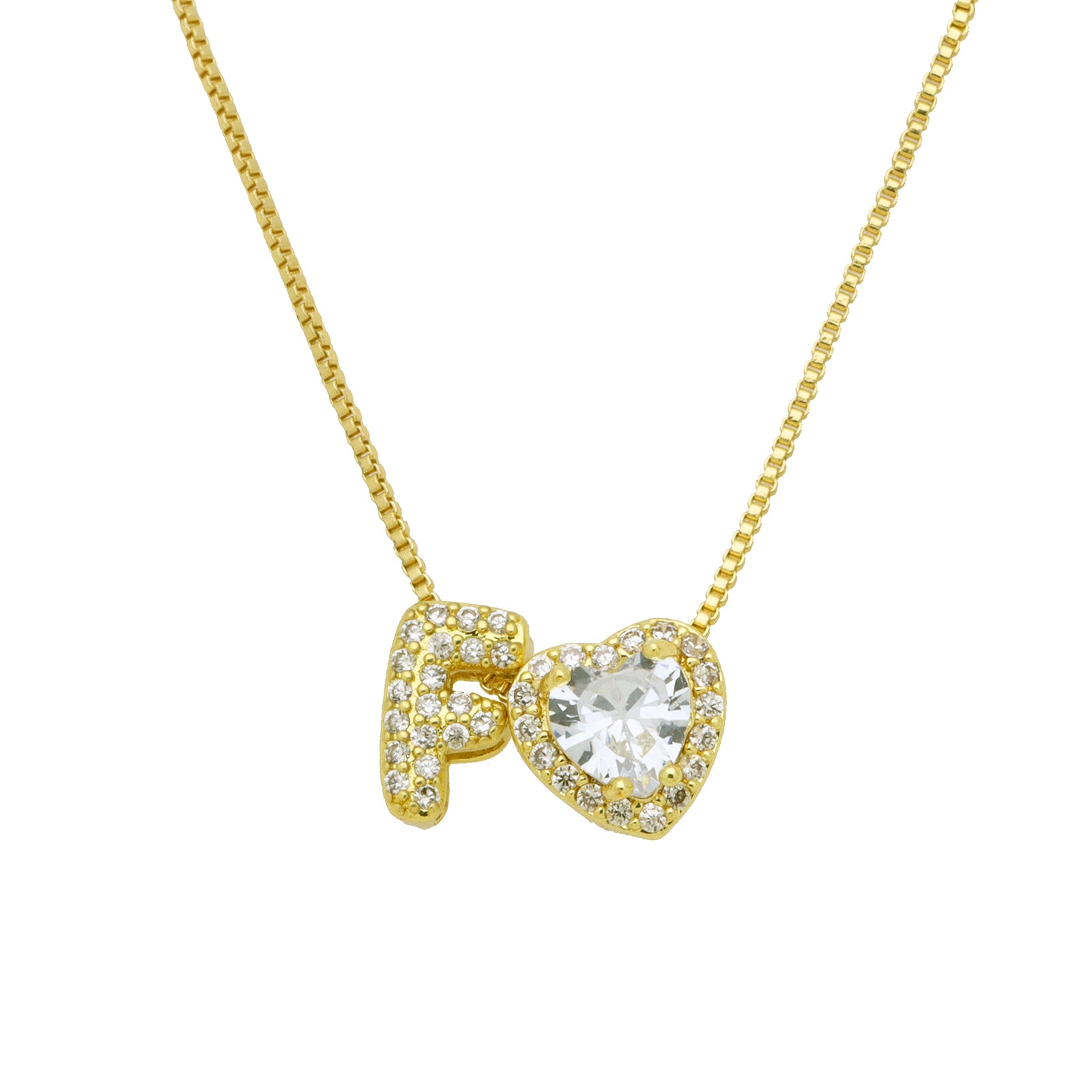 Initial Necklace with Zircon Heart, Dainty Gold A-Z Pendant