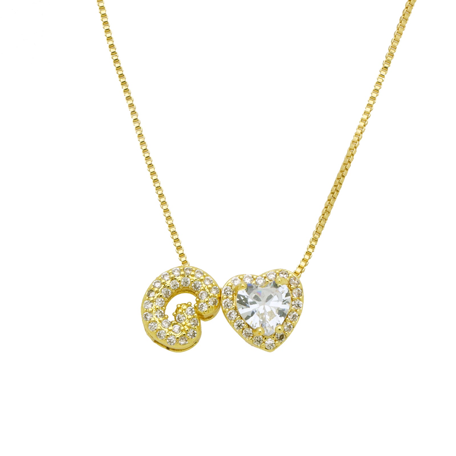 Initial Necklace with Zircon Heart, Dainty Gold A-Z Pendant