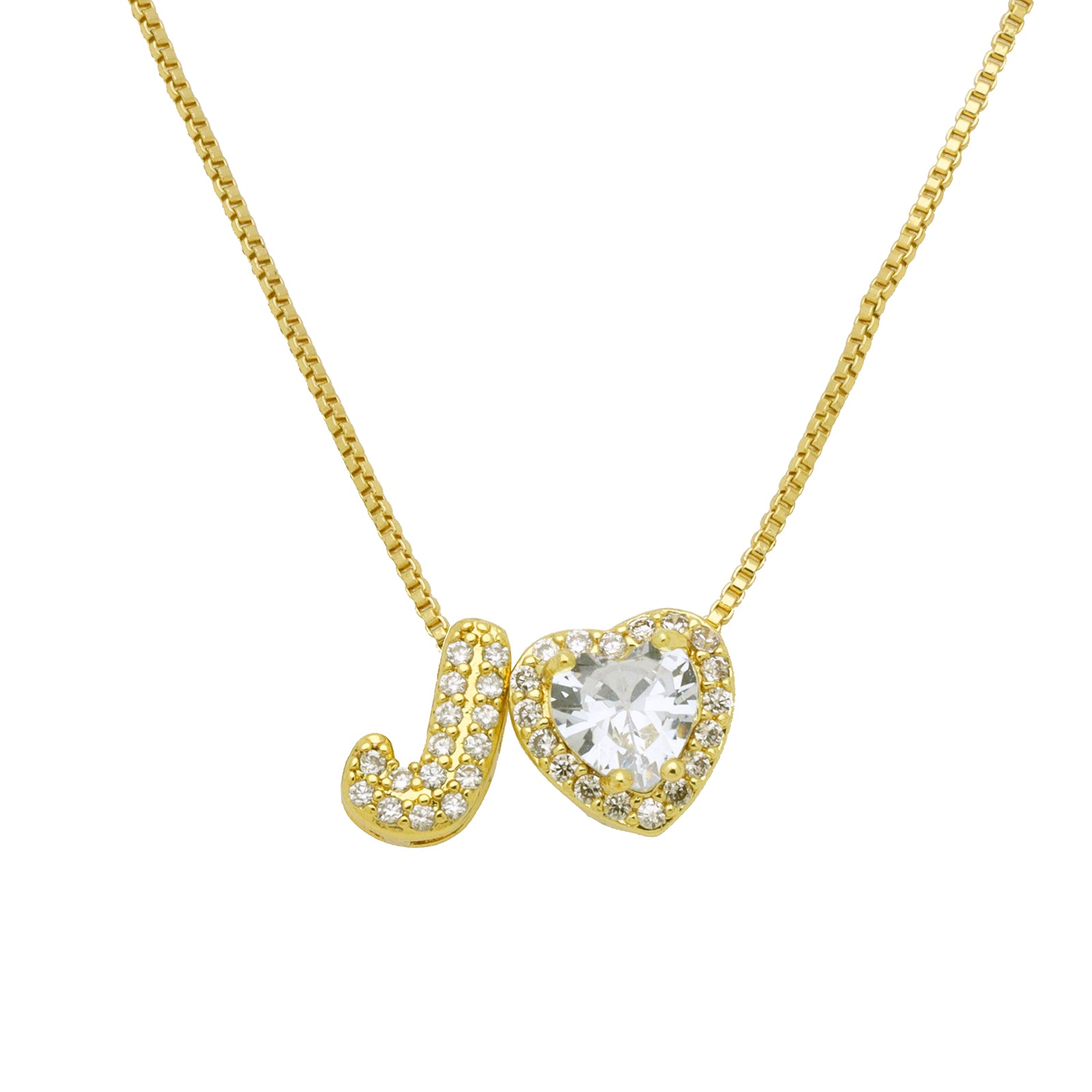 Initial Necklace with Zircon Heart, Dainty Gold A-Z Pendant