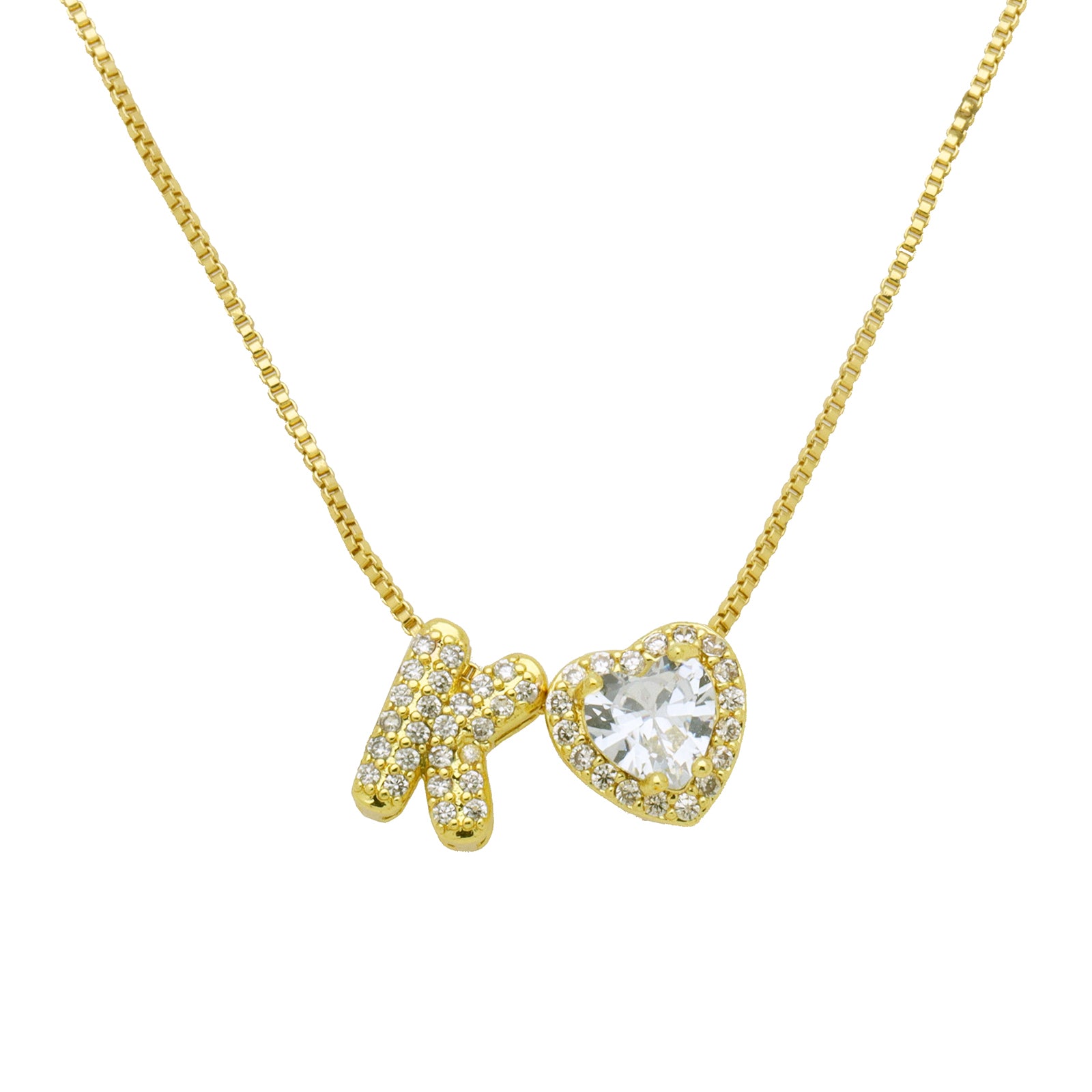 Initial Necklace with Zircon Heart, Dainty Gold A-Z Pendant