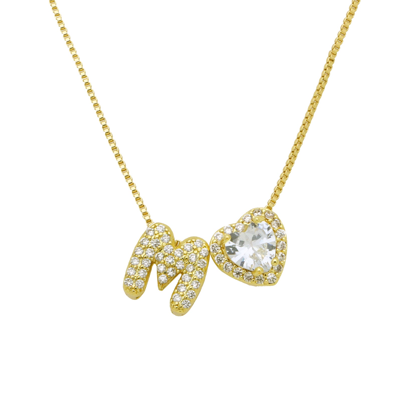 Initial Necklace with Zircon Heart, Dainty Gold A-Z Pendant