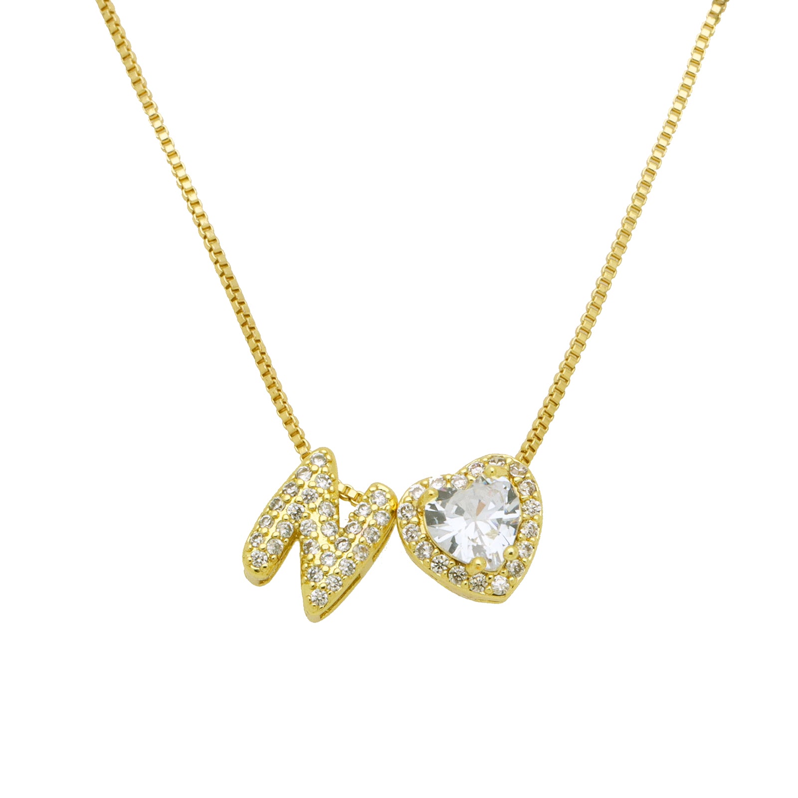 Initial Necklace with Zircon Heart, Dainty Gold A-Z Pendant