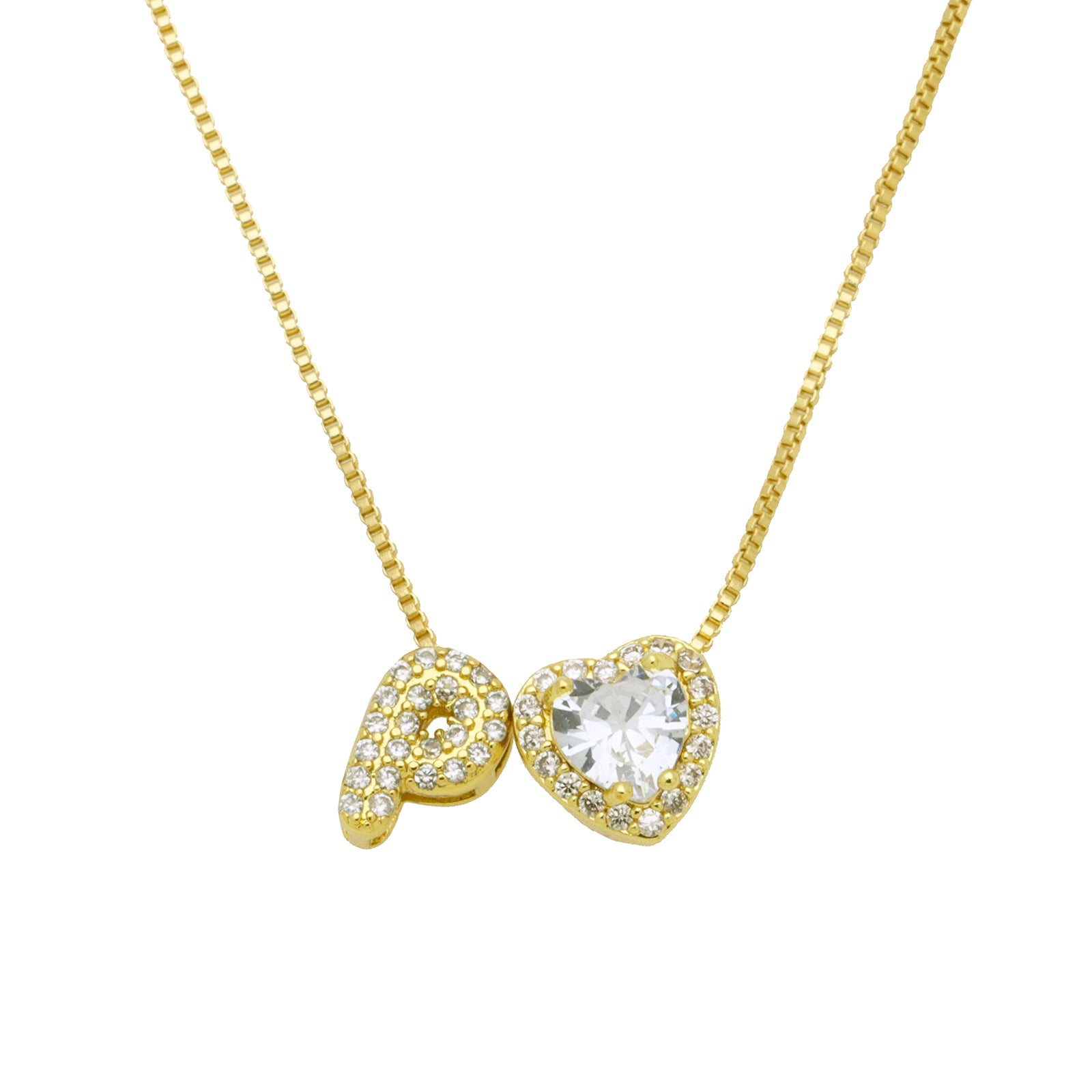 Initial Necklace with Zircon Heart, Dainty Gold A-Z Pendant