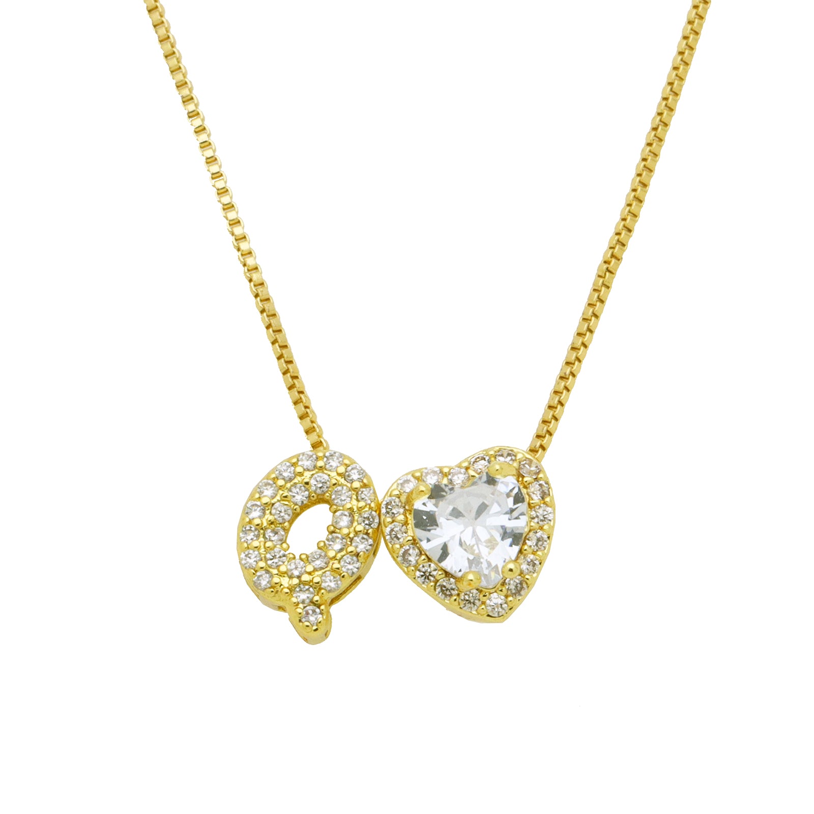 Initial Necklace with Zircon Heart, Dainty Gold A-Z Pendant