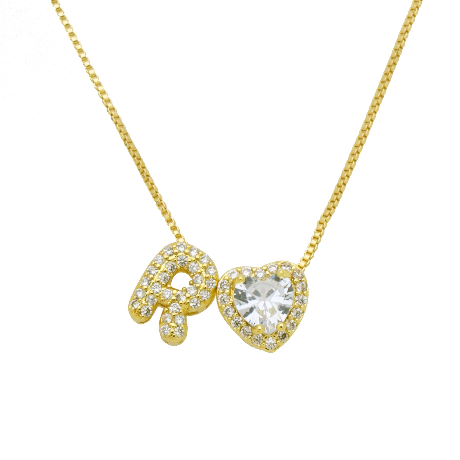 Initial Necklace with Zircon Heart, Dainty Gold A-Z Pendant
