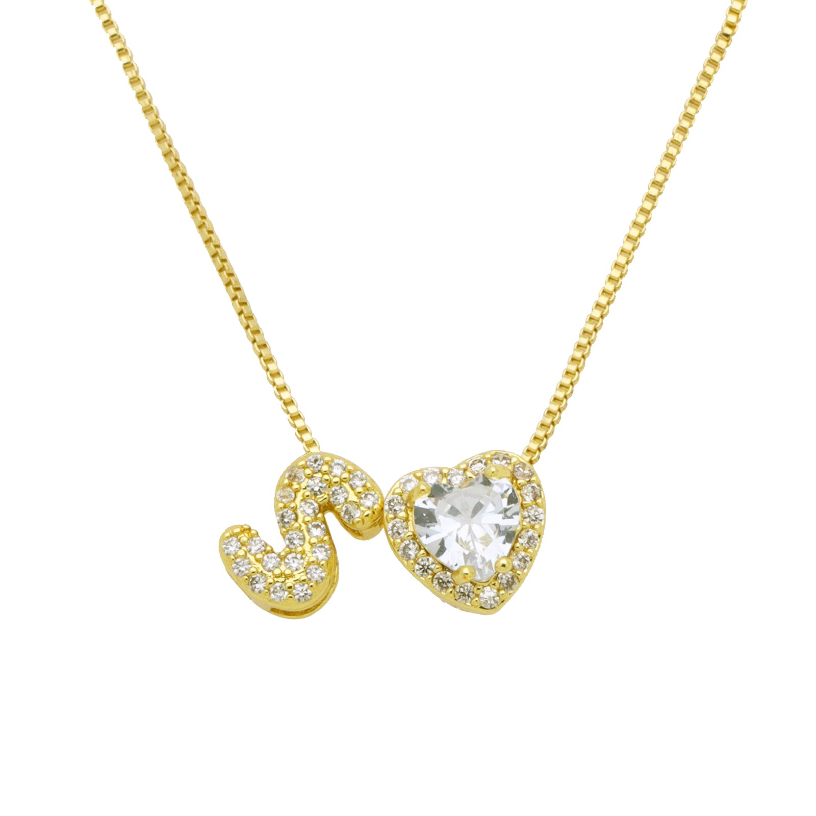 Initial Necklace with Zircon Heart, Dainty Gold A-Z Pendant
