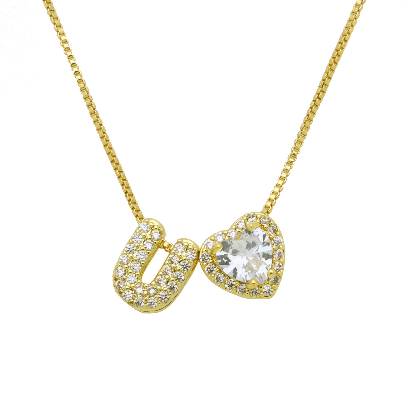 Initial Necklace with Zircon Heart, Dainty Gold A-Z Pendant