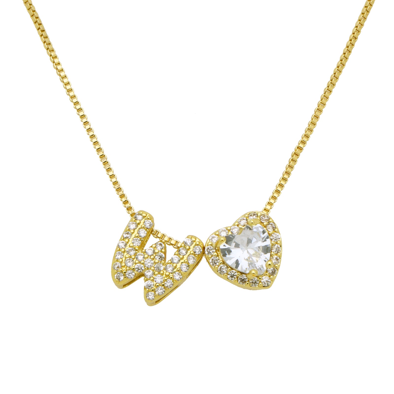 Initial Necklace with Zircon Heart, Dainty Gold A-Z Pendant