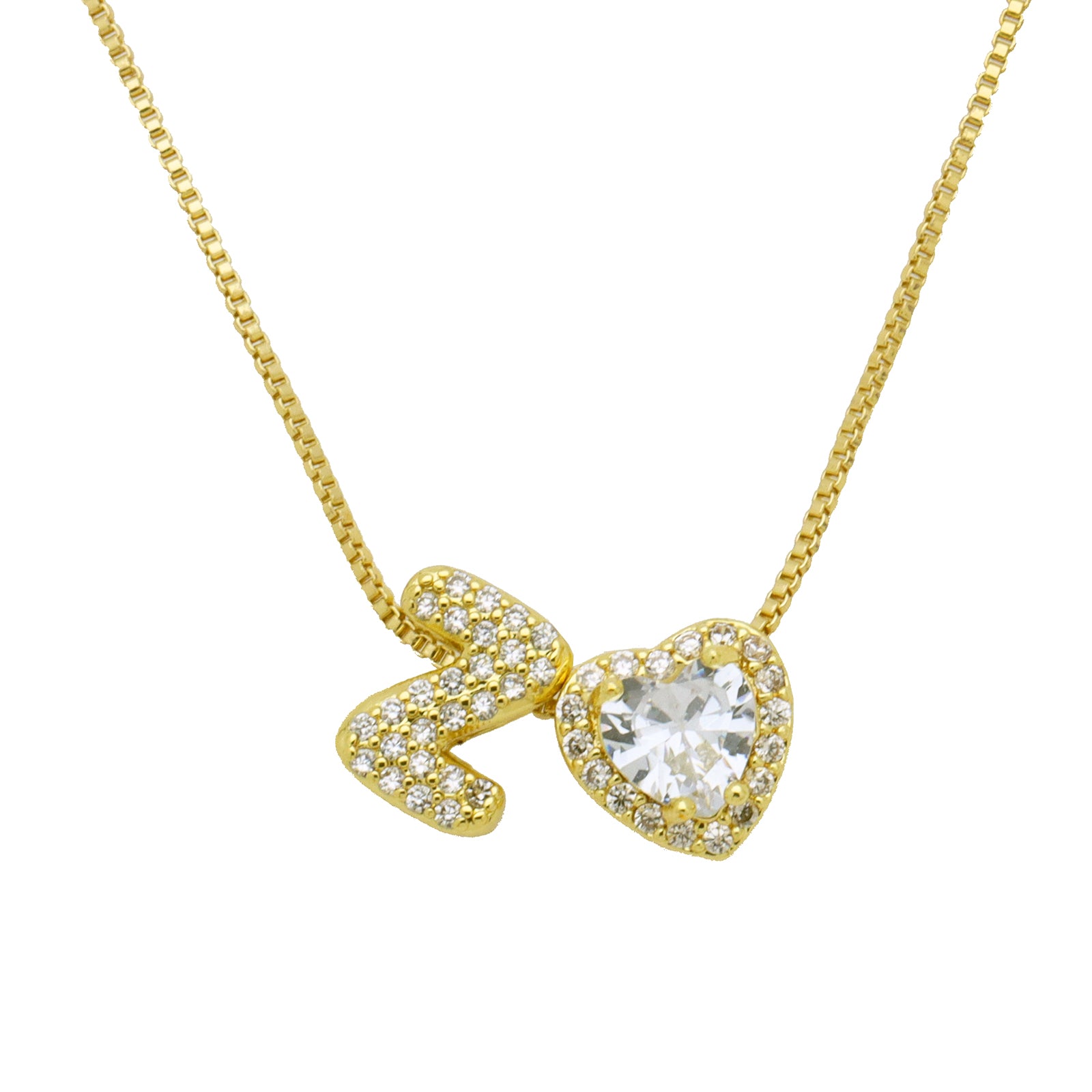 Initial Necklace with Zircon Heart, Dainty Gold A-Z Pendant