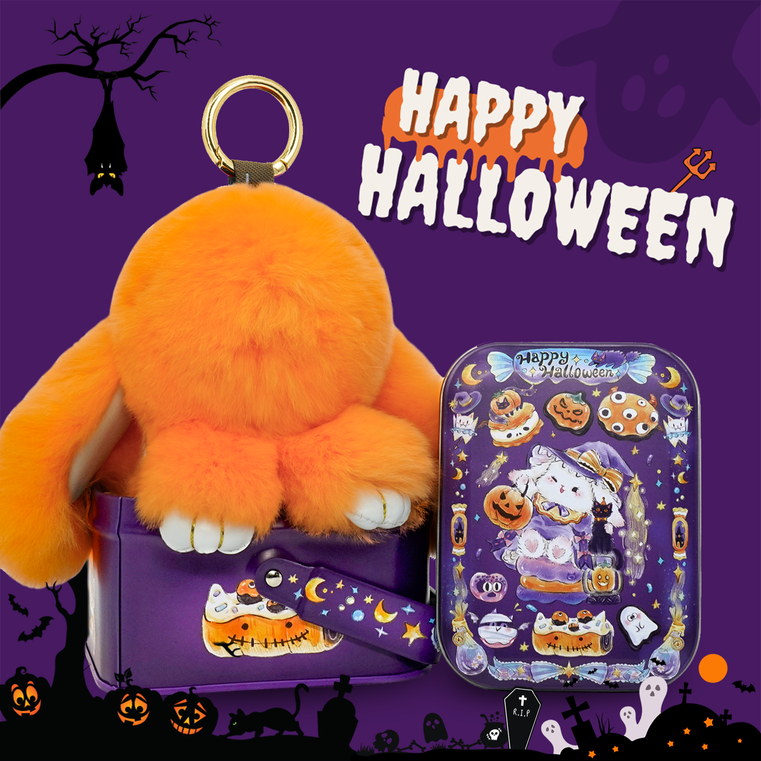 Spookylulu handmade Halloween plush bunny keychain with collector's tin