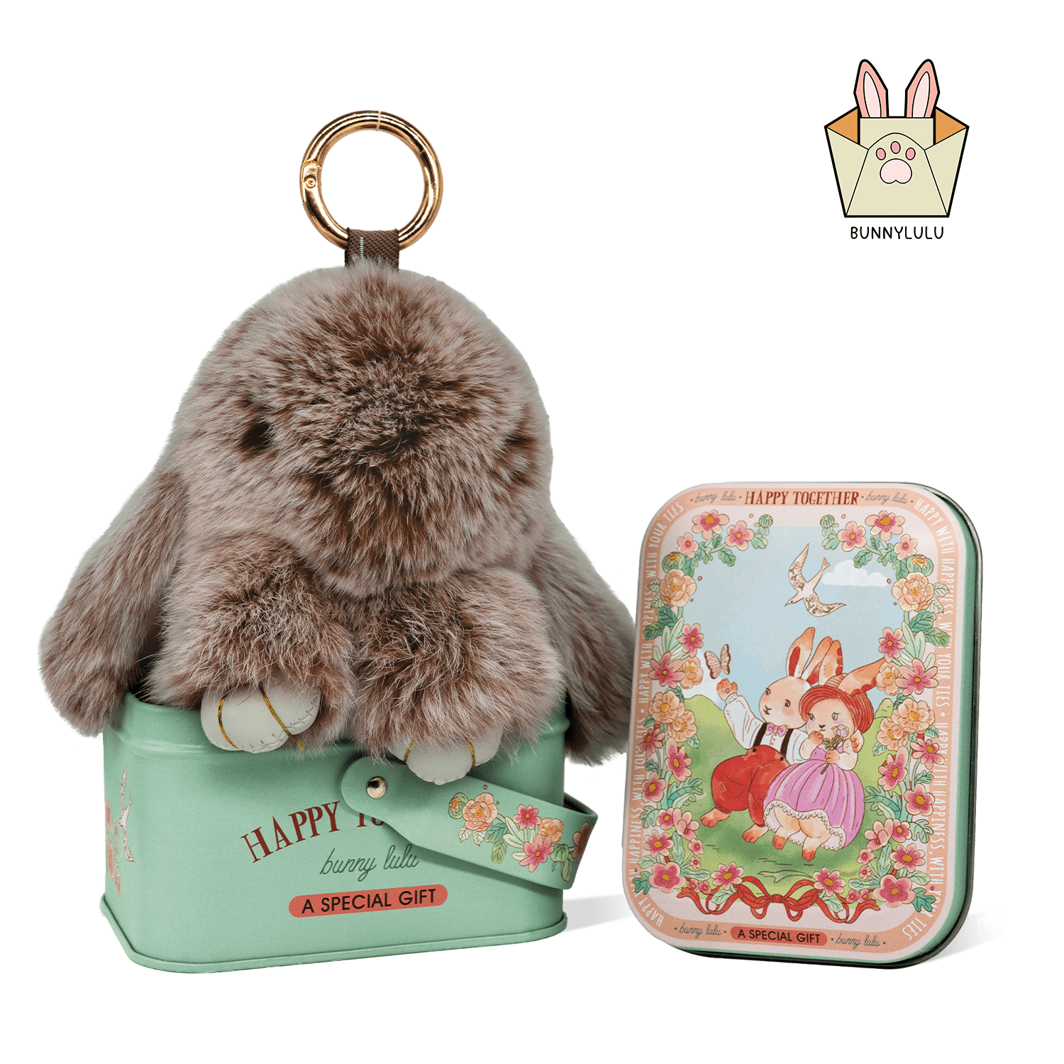 【BunnyLulu】Handmade Bunny Pompom Keychain with Designed Tin, Multi Colors - BunnyLulu