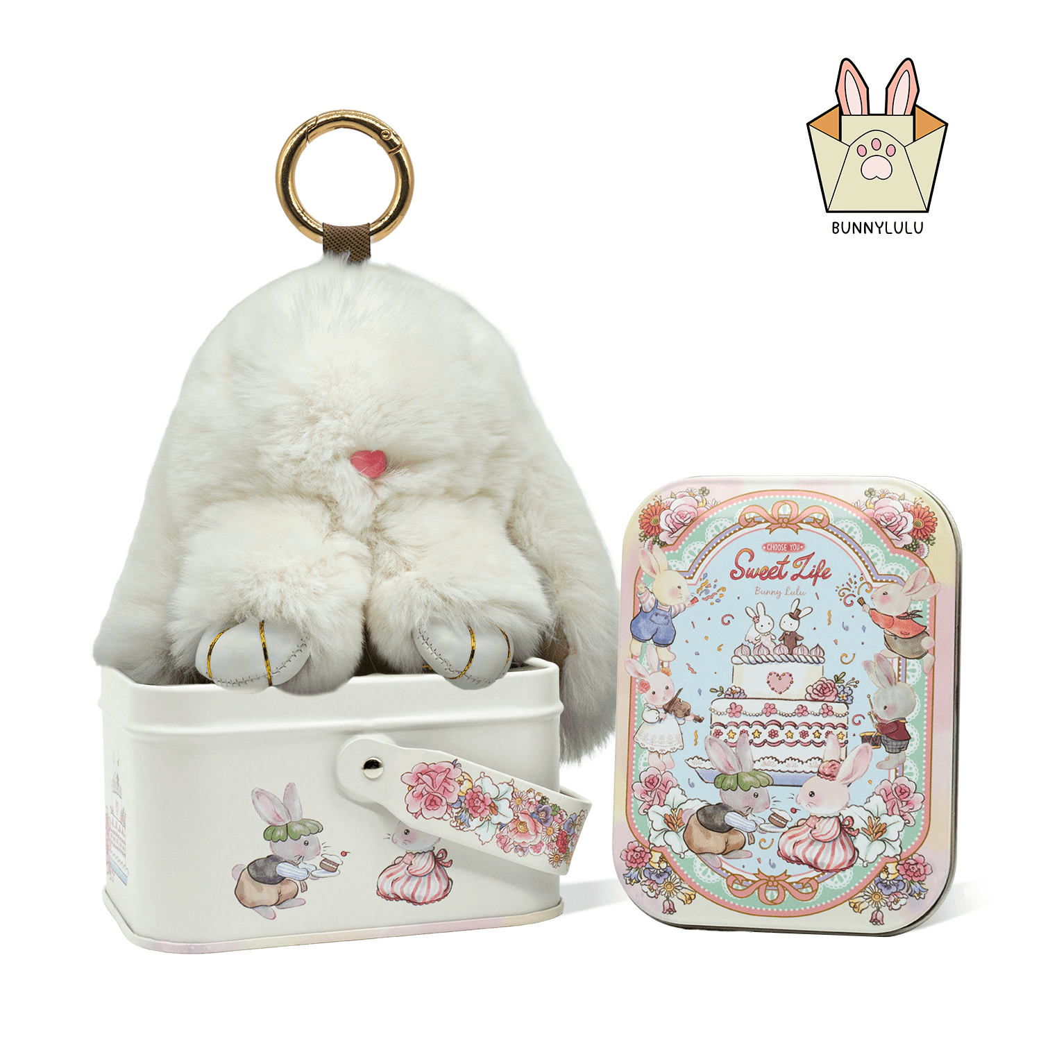 BunnyLulu Handmade Bunny Pompom Keychain with Designed Tin, Multi Colors - BunnyLulu