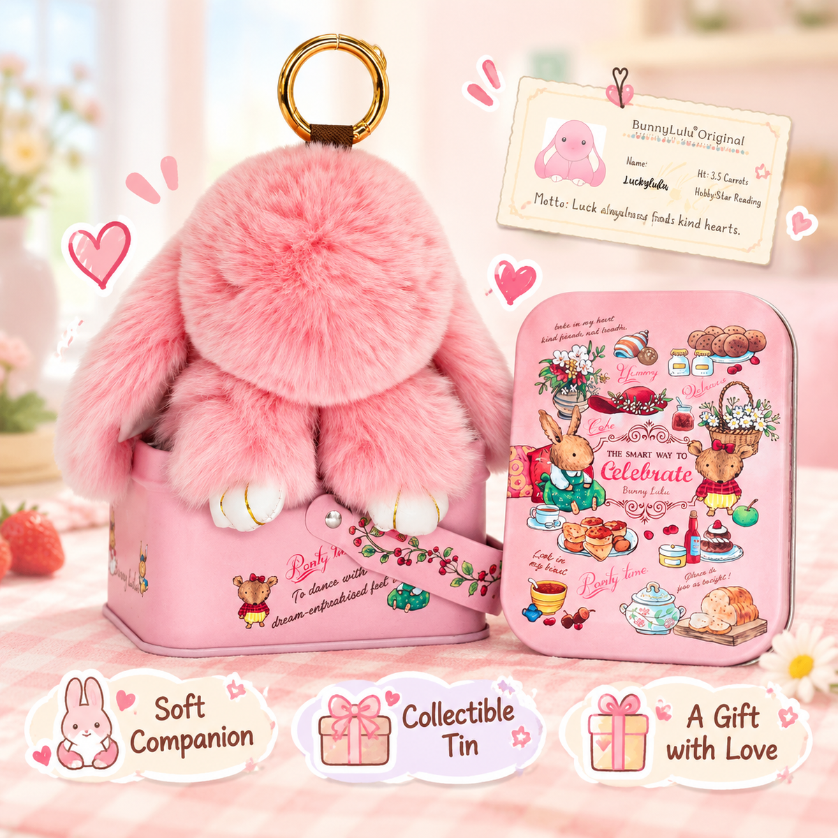 BunnyLulu Original Handmade Plush Bunny Keychain with Collector's Tin